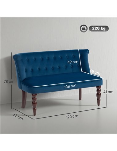 HOMCOM Velvet 2 Seater Sofa, Button Tufted Wingback Loveseat with Rubber Wood Legs for Living Room, Bedroom, Dark Blue