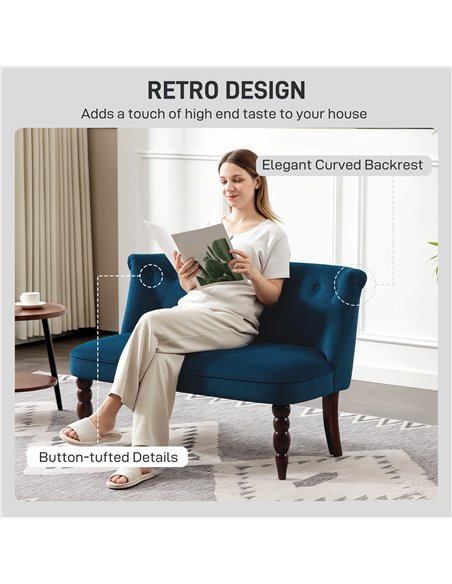 HOMCOM Velvet 2 Seater Sofa, Button Tufted Wingback Loveseat with Rubber Wood Legs for Living Room, Bedroom, Dark Blue - pic 169758 | FastDaddyshop