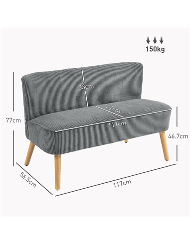 HOMCOM Modern Corduroy Double Seat Sofa w/ Wood Frame Foam Padding High Back Soft Comfortable Compact Couch Grey