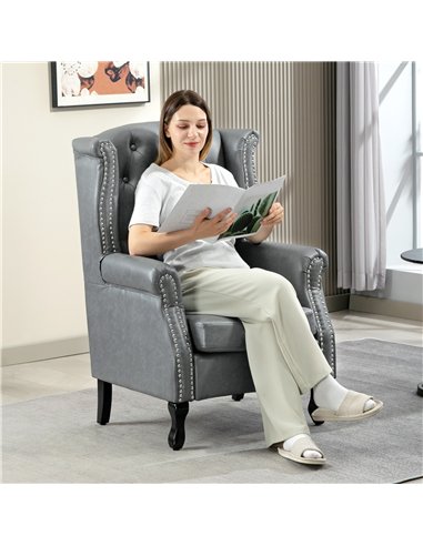 HOMCOM Wingback Accent Chair Tufted Chesterfield-style Armchair with Nail Head Trim for Living Room Bedroom Grey