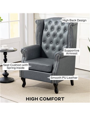 HOMCOM Wingback Accent Chair Tufted Chesterfield-style Armchair with Nail Head Trim for Living Room Bedroom Grey