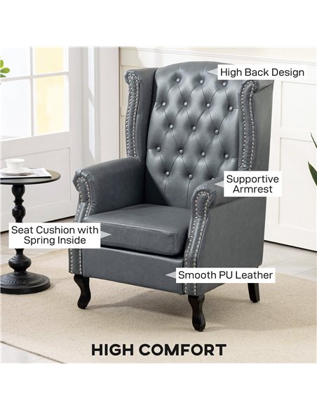 HOMCOM Wingback Accent Chair Tufted Chesterfield-style Armchair with Nail Head Trim for Living Room Bedroom Grey - pic 169776 | FastDaddyshop