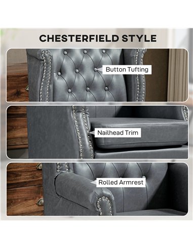 HOMCOM Wingback Accent Chair Tufted Chesterfield-style Armchair with Nail Head Trim for Living Room Bedroom Grey