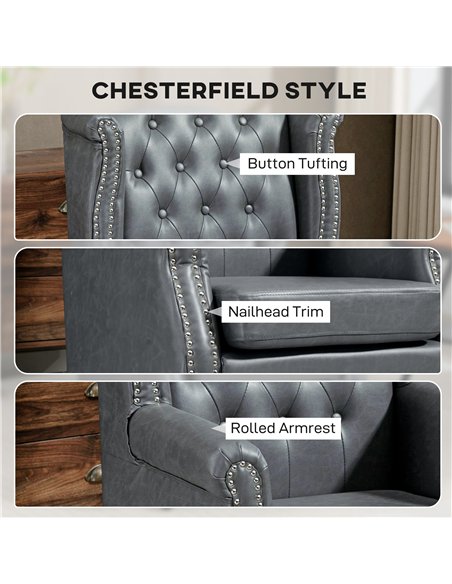 HOMCOM Wingback Accent Chair Tufted Chesterfield-style Armchair with Nail Head Trim for Living Room Bedroom Grey - pic 169777 | FastDaddyshop