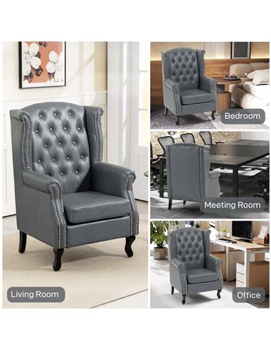 HOMCOM Wingback Accent Chair Tufted Chesterfield-style Armchair with Nail Head Trim for Living Room Bedroom Grey