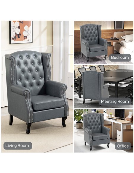 HOMCOM Wingback Accent Chair Tufted Chesterfield-style Armchair with Nail Head Trim for Living Room Bedroom Grey - pic 169780 | FastDaddyshop