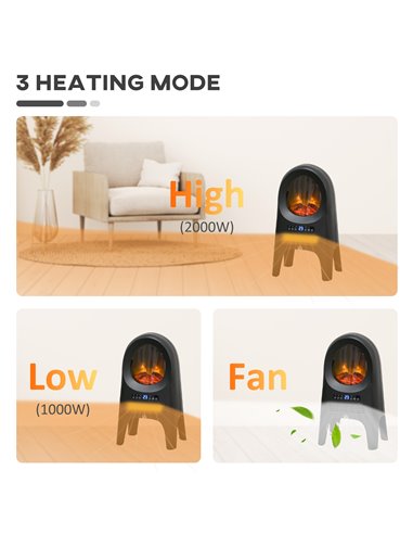 Homcom Ceramic Electric Space Heater with Realistic Flame Effect, 1000W/2000W, Black