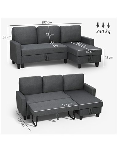 HOMCOM Three-Seater Storage Sofa Bed -  Charcoal Grey