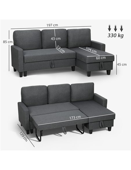 HOMCOM Three-Seater Storage Sofa Bed -  Charcoal Grey - pic 169811 | FastDaddyshop