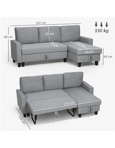 HOMCOM Three-Seater Storage Sofa Bed - Grey