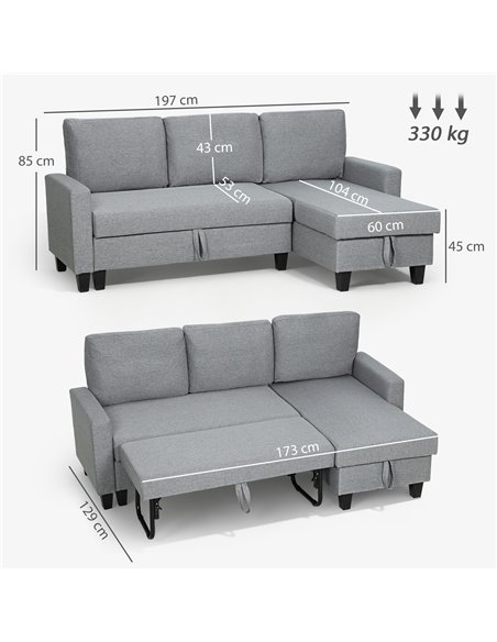 HOMCOM Three-Seater Storage Sofa Bed - Grey - pic 169820 | FastDaddyshop