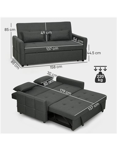 HOMCOM Three-Way Two-Seater Sofa Bed - Charcoal Grey