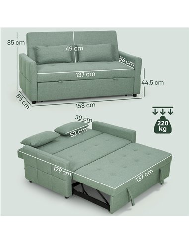 HOMCOM Three-Way Two-Seater Sofa Bed - Green