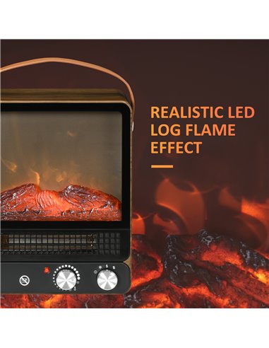 Homcom Tabletop Electric Fireplace with Handle, Realistic Flame Effect, Overheat Protection, 750W/1500W, Dark Walnut