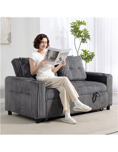 HOMCOM 2 Seater Click Clack Sofa Bed with Pull Out Design, Corduroy Upholstery - Charcoal Grey