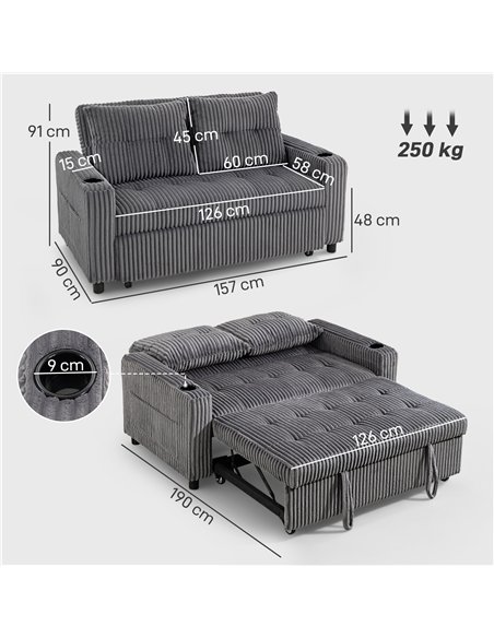 HOMCOM 2 Seater Click Clack Sofa Bed with Pull Out Design, Corduroy Upholstery - Charcoal Grey - pic 169847 | FastDaddyshop