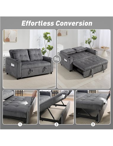 HOMCOM 2 Seater Click Clack Sofa Bed with Pull Out Design, Corduroy Upholstery - Charcoal Grey