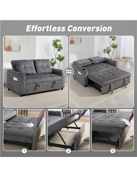 HOMCOM 2 Seater Click Clack Sofa Bed with Pull Out Design, Corduroy Upholstery - Charcoal Grey - pic 169848 | FastDaddyshop