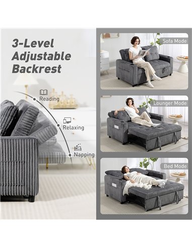 HOMCOM 2 Seater Click Clack Sofa Bed with Pull Out Design, Corduroy Upholstery - Charcoal Grey