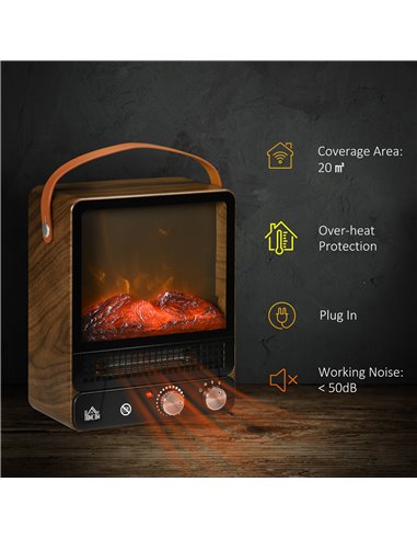 Homcom Tabletop Electric Fireplace with Handle, Realistic Flame Effect, Overheat Protection, 750W/1500W, Dark Walnut