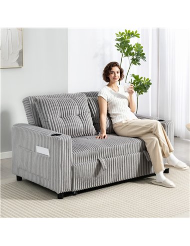 HOMCOM 2 Seater Click Clack Sofa Bed with Pull Out Design, Corduroy Upholstery - Light Grey