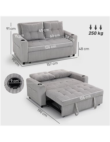 HOMCOM 2 Seater Click Clack Sofa Bed with Pull Out Design, Corduroy Upholstery - Light Grey