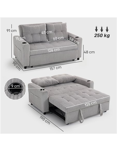 HOMCOM 2 Seater Click Clack Sofa Bed with Pull Out Design, Corduroy Upholstery - Light Grey - pic 169856 | FastDaddyshop
