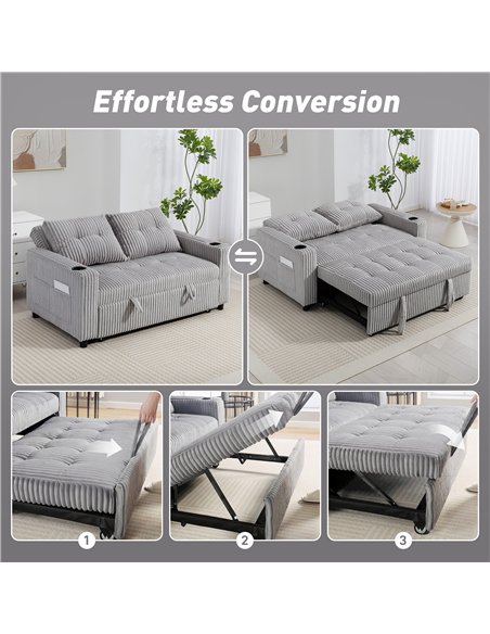 HOMCOM 2 Seater Click Clack Sofa Bed with Pull Out Design, Corduroy Upholstery - Light Grey - pic 169857 | FastDaddyshop