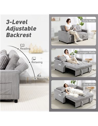 HOMCOM 2 Seater Click Clack Sofa Bed with Pull Out Design, Corduroy Upholstery - Light Grey