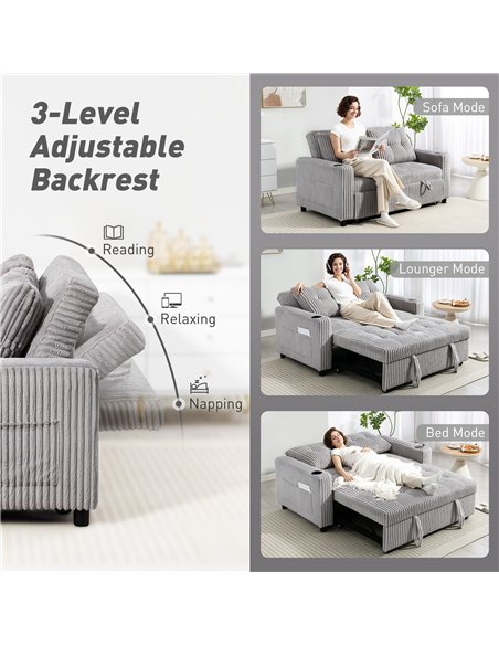 HOMCOM 2 Seater Click Clack Sofa Bed with Pull Out Design, Corduroy Upholstery - Light Grey - pic 169858 | FastDaddyshop