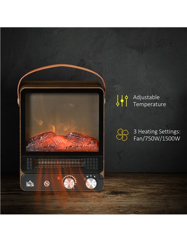 Homcom Tabletop Electric Fireplace with Handle, Realistic Flame Effect, Overheat Protection, 750W/1500W, Dark Walnut