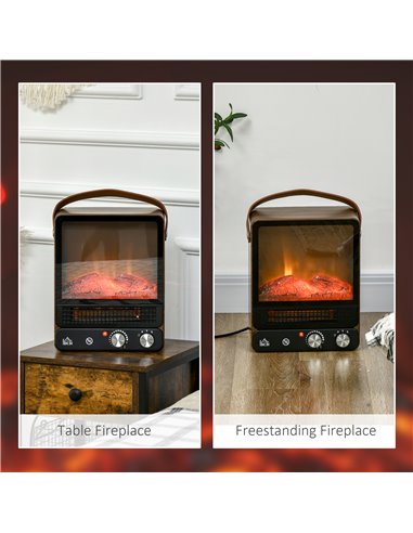 Homcom Tabletop Electric Fireplace with Handle, Realistic Flame Effect, Overheat Protection, 750W/1500W, Dark Walnut