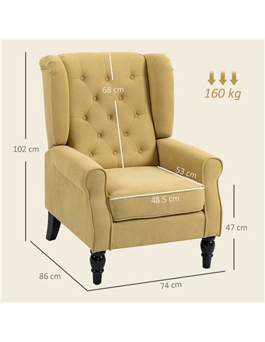 HOMCOM Wingback Accent Chair, Retro Upholstered Button Tufted Occasional Chair for Living Room and Bedroom, Yellow