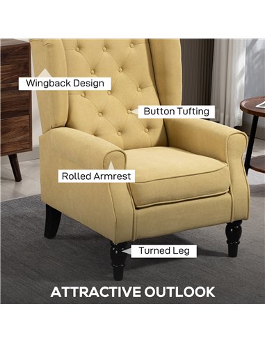 HOMCOM Wingback Accent Chair, Retro Upholstered Button Tufted Occasional Chair for Living Room and Bedroom, Yellow