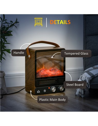 Homcom Tabletop Electric Fireplace with Handle, Realistic Flame Effect, Overheat Protection, 750W/1500W, Dark Walnut