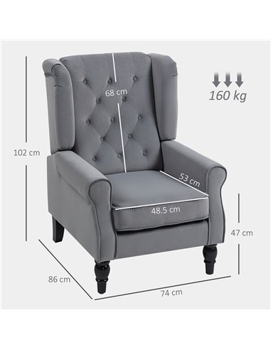 HOMCOM Wingback Accent Chair, Retro Upholstered Button Tufted Occasional Chair for Living Room and Bedroom, Light Grey