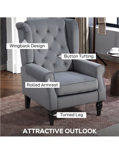 HOMCOM Wingback Accent Chair, Retro Upholstered Button Tufted Occasional Chair for Living Room and Bedroom, Light Grey