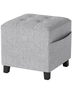 HOMCOM Square Footstool, Small Ottoman with Side Pocket, Linen Fabric Footrest Foot Stool with Rubber Wood Legs and Padded Seat 