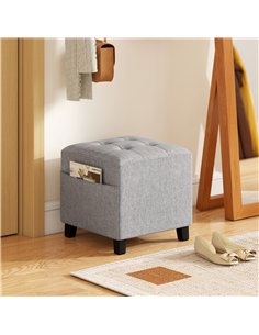 HOMCOM Square Footstool, Small Ottoman with Side Pocket, Linen Fabric Footrest Foot Stool with Rubber Wood Legs and Padded Seat  2