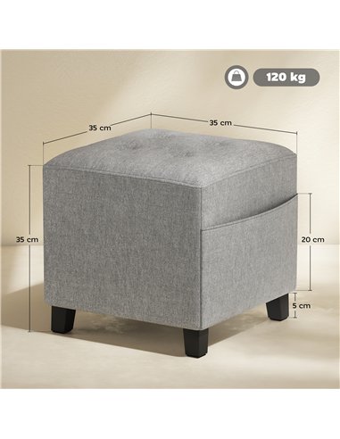 HOMCOM Square Footstool, Small Ottoman with Side Pocket, Linen Fabric Footrest Foot Stool with Rubber Wood Legs and Padded Seat 