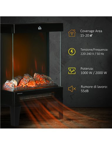 Homcom 180° Electric Fireplace Heater with LED Flame Effect, Overheating Protection, 1000W/2000W, Black