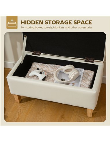 HOMCOM 30L Linen Storage Ottoman Padded Footstool with Rubberwood Legs for Storage Box, Bed End, Shoe Bench, Seating, Beige