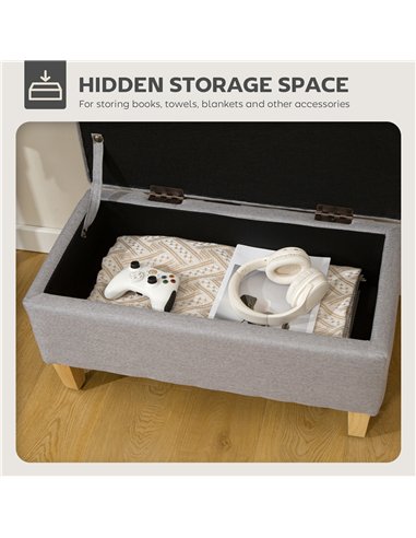 HOMCOM 30L Linen Storage Ottoman Padded Footstool with Rubberwood Legs for Storage Box, Bed End, Shoe Bench, Seating, Light Grey