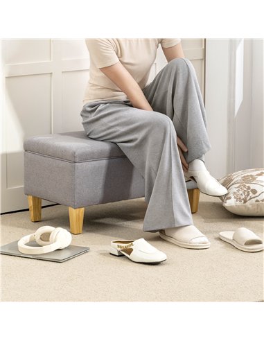 HOMCOM 30L Linen Storage Ottoman Padded Footstool with Rubberwood Legs for Storage Box, Bed End, Shoe Bench, Seating, Light Grey