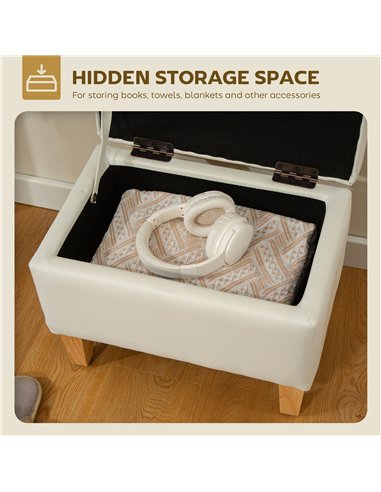 HOMCOM 16L Linen Storage Ottoman Padded Footstool with Rubberwood Legs for Storage Box, Bed End, Shoe Bench, Seating, Beige
