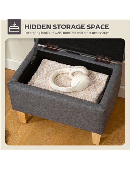 HOMCOM 16L Linen Storage Ottoman Padded Footstool with Rubberwood Legs for Storage Box, Bed End, Shoe Bench, Seating, Charcoal G - pic 170064 | FastDaddyshop