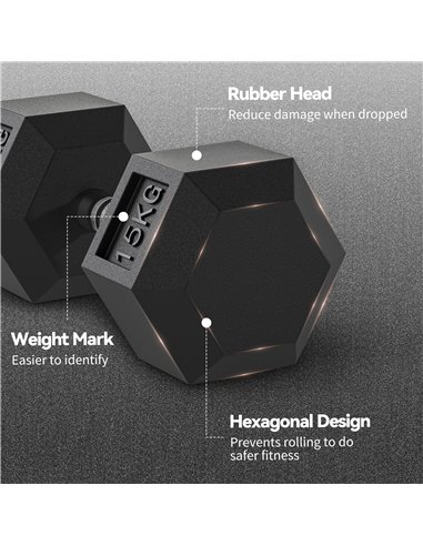 HOMCOM 2x15KG Rubber Hex Dumbbell Portable Hand Weights Dumbbell Home Gym