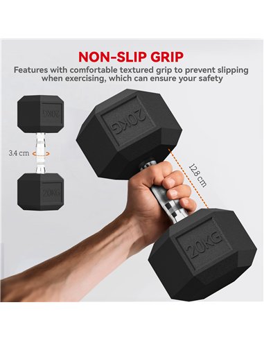 HOMCOM 2x20KG Rubber Hex Dumbbell Portable Hand Weights Dumbbell Home Gym
