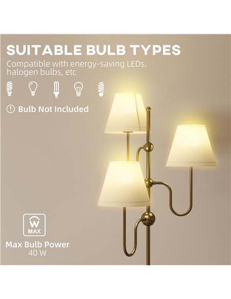 HOMCOM Floor Lamp, 165 cm Tall Standing Lamp with 3 Light and Foot Switch for Living Room, Bedroom, Bedside, Office, E27 Base Wi - pic 170130 | FastDaddyshop