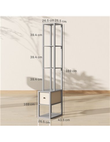 HOMCOM Floor Lamp with Shelves, LED Column Modern Standing Lamp with Fabric Drawer, Adjustable Brightness, Foot Switch for Livin